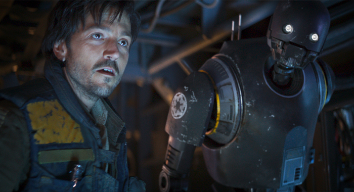 Diego Luna and Alan Tudyk as the voice of K-2SO in Rogue One: A Star Wars Story (2016)