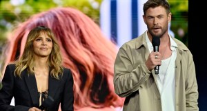 Chris Hemsworth and Halle Berry on stage at CinemaCon 2025 to present their upcoming film Crime 101