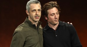 Jeremy Strong and Jeremy Allen White on stage at CinemaCon 2025 to present Deliver Me from Nowhere (2025)