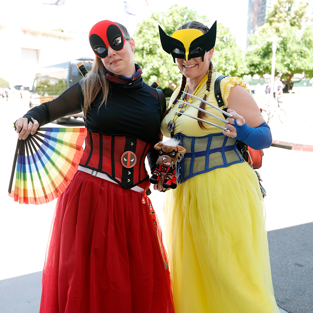 Lady Deadpool and Lady Wolverine cosplayers (Photo by Frazer Harrison/Getty Images)
