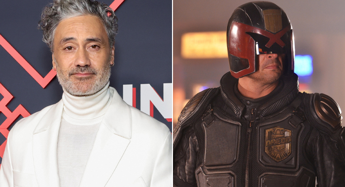 Taika Waititi at the Los Angeles premiere of Interior Chinatown in 2024; Image of Karl Urban as Judge Dredd in Dredd (2012)
