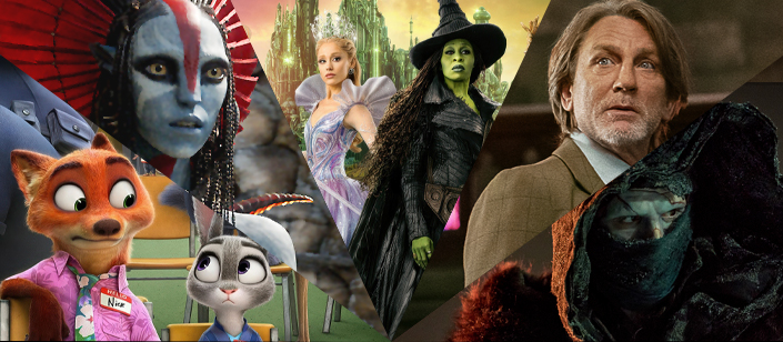 Images from Zootopia 2, Avatar: Fire and Ash, Wicked: For Good, Wake Up Dead Man: A Knives Out Mystery, and Frankenstein