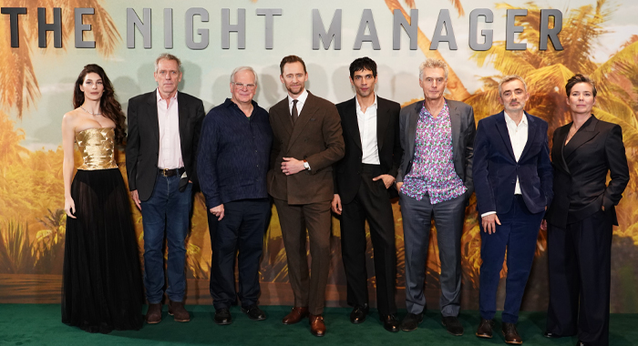 Camila Morrone, Hugh Laurie, Simon Cornwell, Tom Hiddleston, Diego Calva, Stephen Garrett, David Farr and Georgi-Banks Davies at the season 2 premiere of The Night Manager in London.
