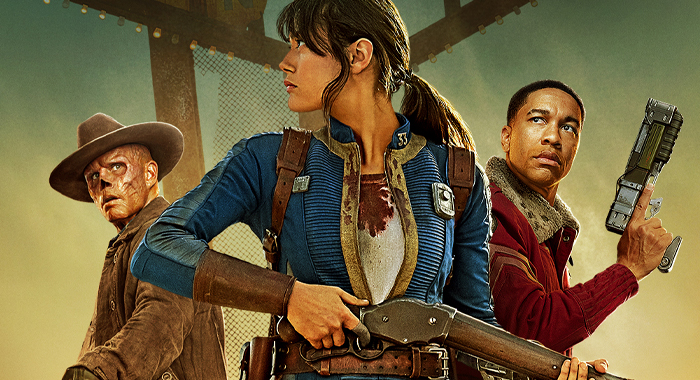 Walton Goggins, Ella Purnell, and Aaron Moten on the poster for Fallout: Season 2 (2025)