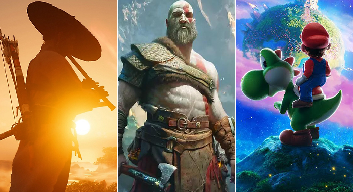 Images from Ghost of Tsushima, God of War, and The Super Mario Galaxy Movie