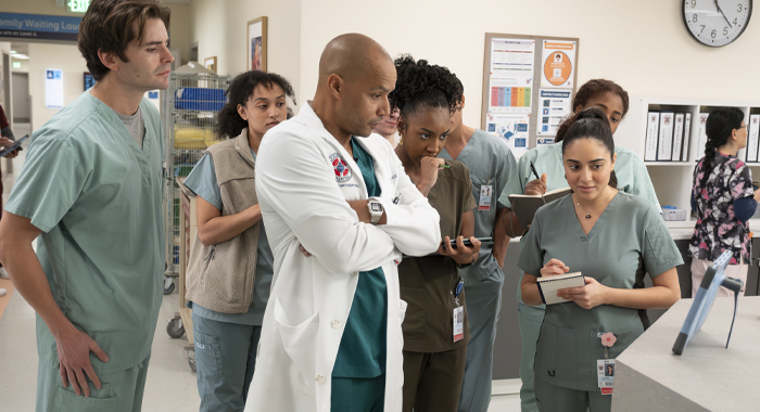 Donald Faison, Amanda Morrow, and Layla Mohammadi in Scrubs (2026)