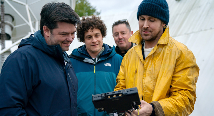 Directors Christopher Miller and Phil Lord, cinematographer Greig Fraser, and star Ryan Gosling on the set of Project Hail Mary (2026)
