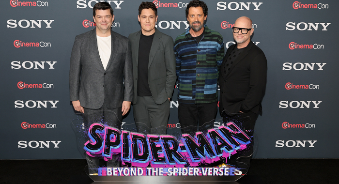 Chris Miller, Phil Lord, Bob Persichetti, and Justin K. Thompson at a photo call for Spider-Man: Beyond the Spider-Verse (2027)