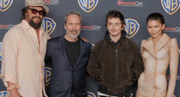 Jason Momoa, Denis Villeneuve, Timothee Chalamet, and Zendaya at a photo call for Dune: Part Three at CinemaCon 2026