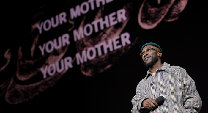 Mahershala Ali on stage at CinemaCon 2026 to promote Your Mother Your Mother Your Mother