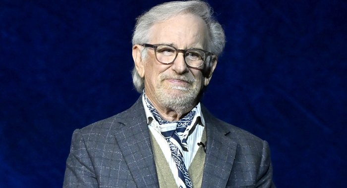 Steven Spielberg on stage at CinemaCon 2026 to promote Disclosure Day (2026)