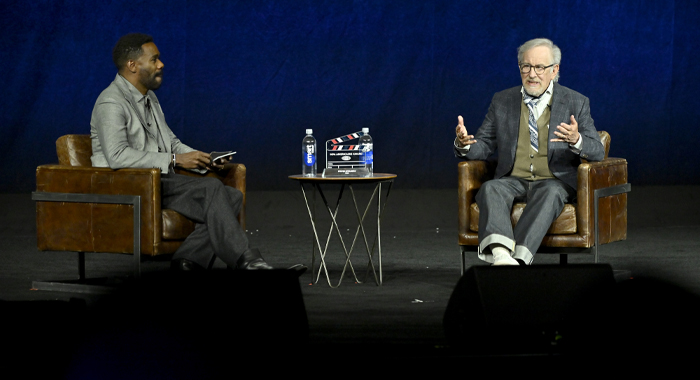Colman Domingo interviews Steven Spielberg at a presentation of Disclosure Day at CinemaCon 2026