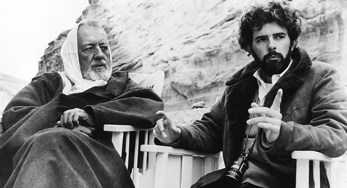 Alec Guinness and George Lucas on the set of Star Wars (1977)