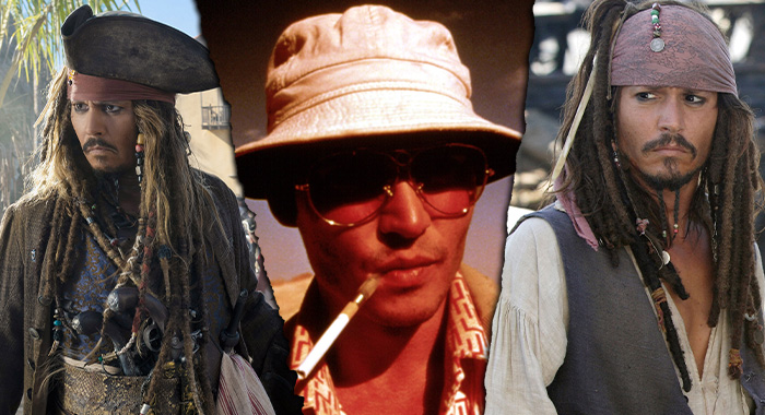 Johnny Depp in Fear and Loathing in Las Vegas, Pirates of the Caribbean: At World's End, and Pirates of the Caribbean: Dead Men Tell No Tales