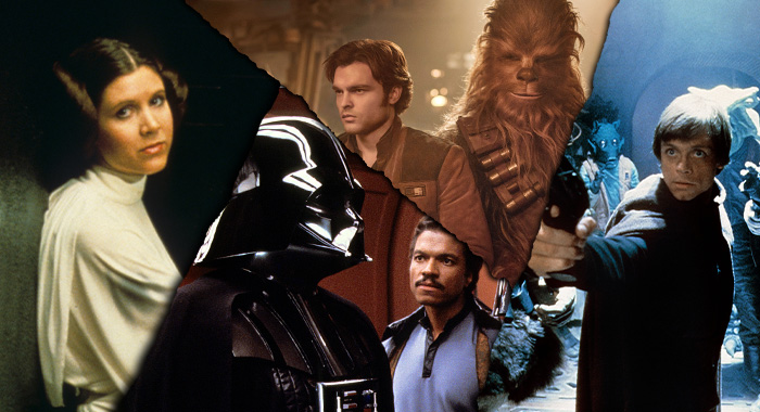 Carrie Fisher, Dave Prowse, Billy Dee Williams, Alden Ehrenreich, Joonas Suotamo, and Mark Hamill in various images from Star Wars movies