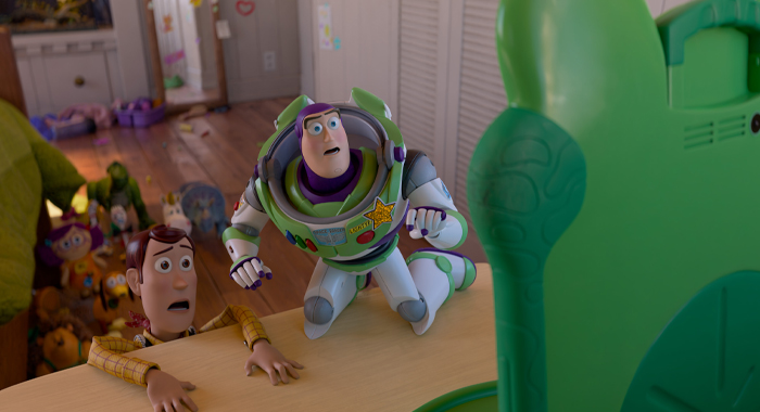 Tom Hanks, Tim Allen, and Greta Lee as the voices of Woody, Buzz and Lilypad in Toy Story 5 (2026)