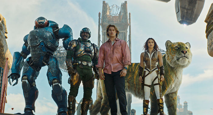 Idris Elba, Nicholas Galitzine, Camila Mendes, and Kristen Wiig in MASTERS OF THE UNIVERSE