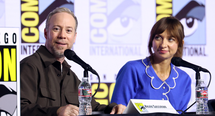 Kevin Sussman and Lauren Lapkus speak at HBO Max's "Stuart Fails To Save The Universe" Hall H panel during 2026 Comic-Con International: San Diego