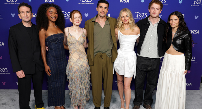 X-Men (2028) director Jake Schreier and stars Maya Boyd, Sadie Sink, Christopher Abbott, Samara Weaving, Kit Connor, and Inde Navarrette at D23
