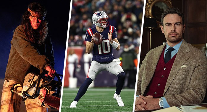 Adria Arjona in Onslaught; Drake Maye of the New England Patriots; Theo James in The Gentlemen