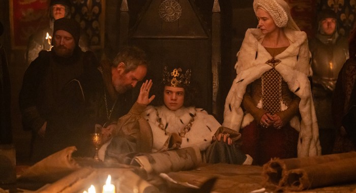 Tom Hollander, Woody Norman, and Katherine Waterston in The Uprising (2026)