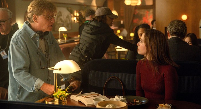 Writer-director Aaron Sorkin and Mikey Madison on the set of The Social Reckoning (2026)
