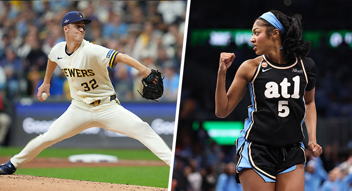 Jacob Misiorowski of the Milwaukee Brewers; Angel Reese of the Atlanta Dream